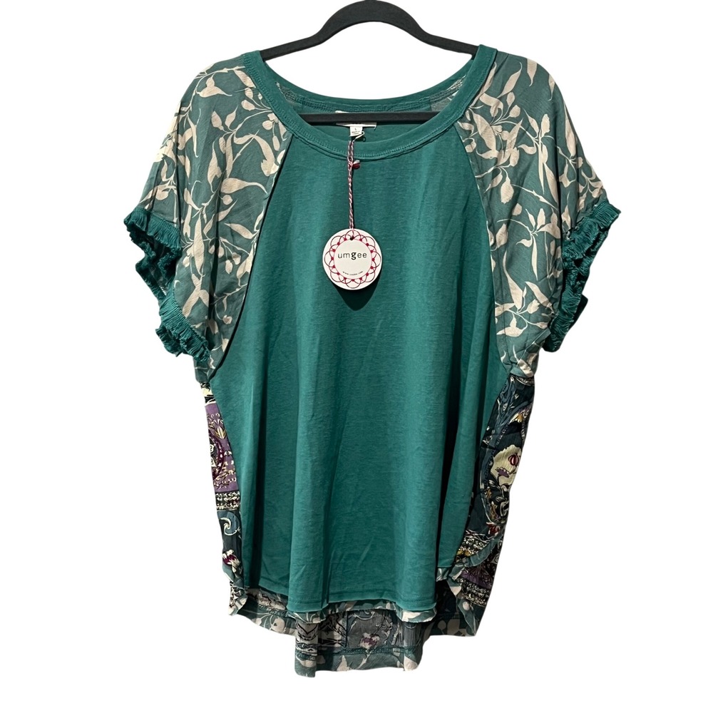 Umgee Mixed Media Top Womens Large Teal Boho Floral Patchwork Fringed